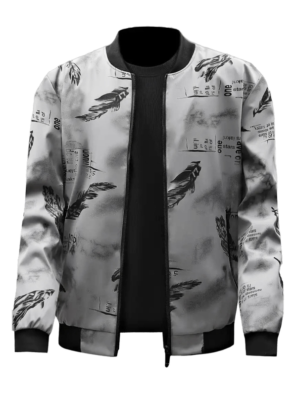 Koreai stílusú férfi dzseki álló gallérral, cipzárral, tollas mintával, poliészter anyagból