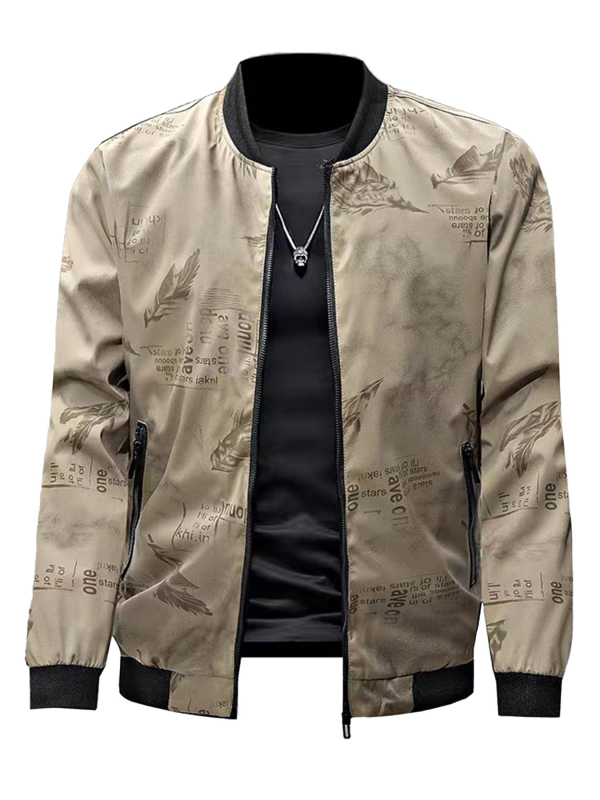 Koreai stílusú férfi dzseki álló gallérral, cipzárral, tollas mintával, poliészter anyagból