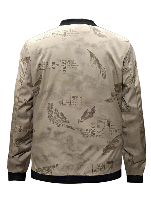 Koreai stílusú férfi dzseki álló gallérral, cipzárral, tollas mintával, poliészter anyagból