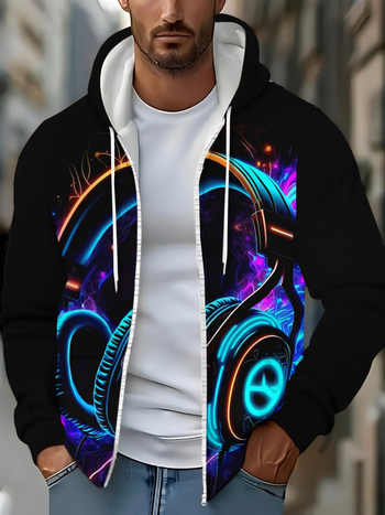 Мъжко худи с цип и качулка, дигитален принт, 3D патч джоб, свободен силует, полиестерна тъкан