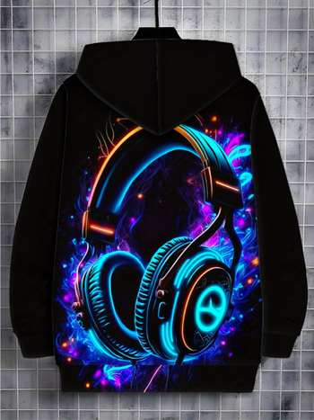 Мъжко худи с цип и качулка, дигитален принт, 3D патч джоб, свободен силует, полиестерна тъкан