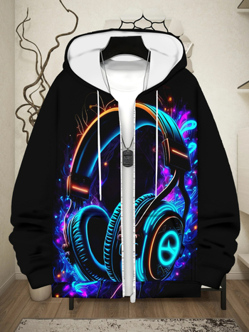 Мъжко худи с цип и качулка, дигитален принт, 3D патч джоб, свободен силует, полиестерна тъкан