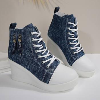 Γυναικεία καμβά παπούτσια, με ψηλό επάνω μέρος, κλινοειδές τακούνι, αύξηση ύψους, μπροστινό κορδόνι