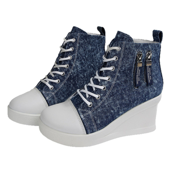 Γυναικεία καμβά παπούτσια, με ψηλό επάνω μέρος, κλινοειδές τακούνι, αύξηση ύψους, μπροστινό κορδόνι