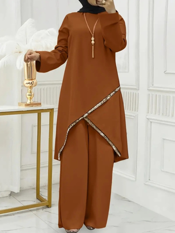 Σετ παντελόνια με μακριά μανίκια σε μονόχρωμο ύφασμα, φαρδιά παντελόνια, πολυεστέρας 95%+, γυναικείο δύο τεμαχίων κοστούμι, αστικό στυλ