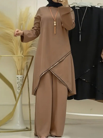 Σετ παντελόνια με μακριά μανίκια σε μονόχρωμο ύφασμα, φαρδιά παντελόνια, πολυεστέρας 95%+, γυναικείο δύο τεμαχίων κοστούμι, αστικό στυλ