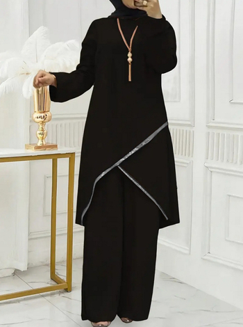 Σετ παντελόνια με μακριά μανίκια σε μονόχρωμο ύφασμα, φαρδιά παντελόνια, πολυεστέρας 95%+, γυναικείο δύο τεμαχίων κοστούμι, αστικό στυλ