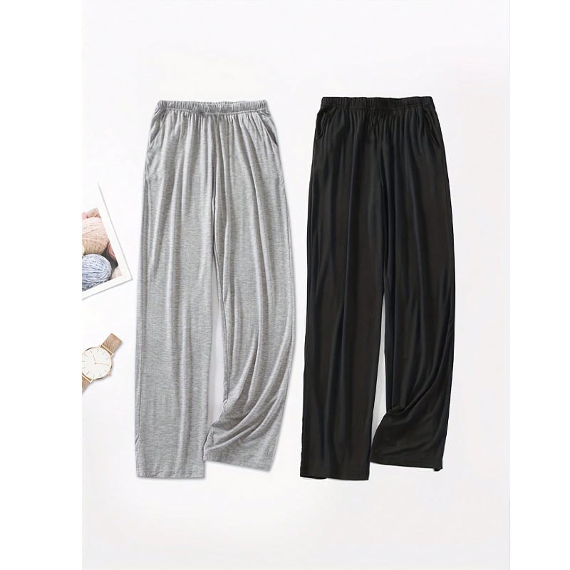 Δύο ζεύγη ανδρικών πυτζάμα παντελόνιών — ύφασμα Milk Silk, πολυεστέρας 90–95%, μεσαίο πάχος, ανοιξιάτικο χαλαρό οικιακό ρούχο