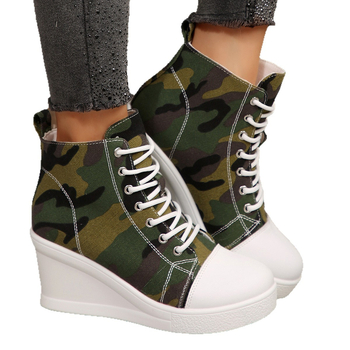 Γυναικεία καμβά παπούτσια με κλινοειδές τακούνι, καμουφλαρισμένο σχέδιο, κορδόνια, φθινόπωρο