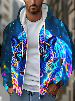 Худи с цифров печат и цип, свободна кройка; полиестер 91–95%; джоб 3D патч; за пролет и есен