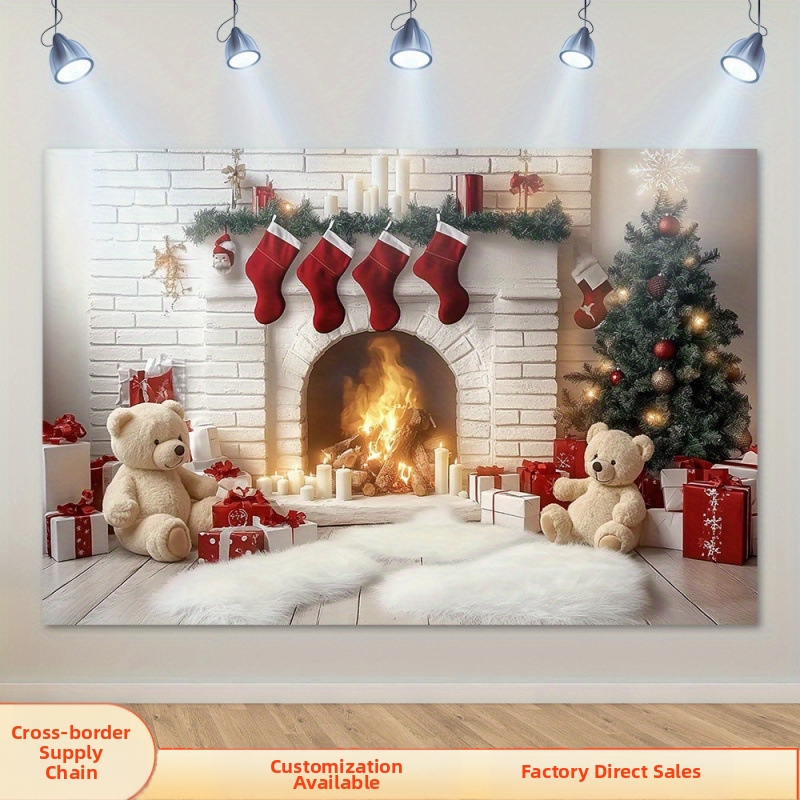 Kalėdinė tematikos fono audinys – meškiuko, Kalėdų eglutės ir kojinės raštai (Item: w; Material: Other; Category: Hang Tag; Product Category: Venue Decoration Props; IP Authorization: No)