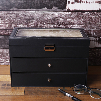 Κουτί αποθήκευσης και προβολής γυαλιών ηλίου, 18 διαμερίσματα, τριών επιπέδων σχεδίασης; υλικό: MDF Leather Flannel; συσκευασία: Packing Box; χρήση: αποθήκευση γυαλιών; ειδική συσκευασία: Jewelry packaging