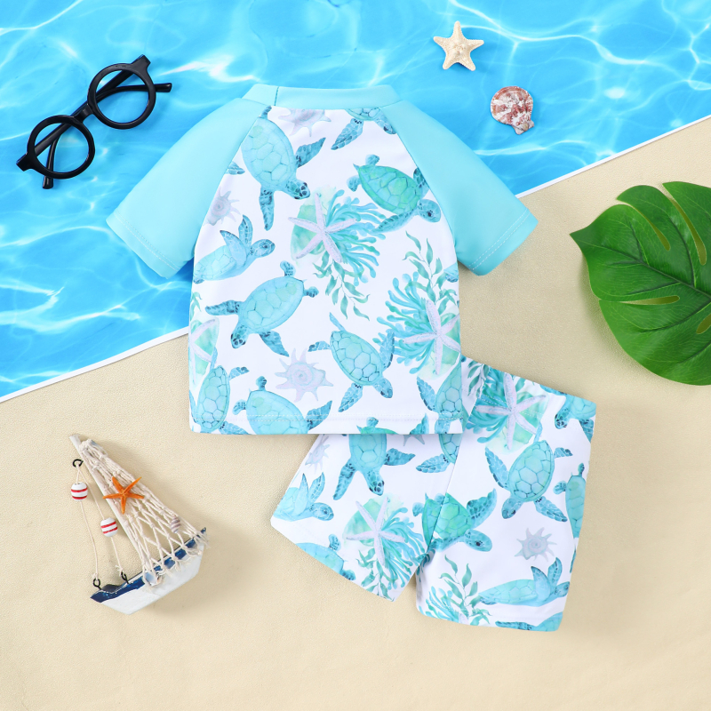 Комплект за плуване за момчета с принт на костенурка, топ с raglan ръкави и шорти (DBOW, 3-7 г, полиестерна смес)