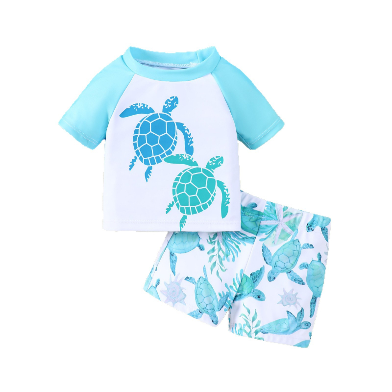 Комплект за плуване за момчета с принт на костенурка, топ с raglan ръкави и шорти (DBOW, 3-7 г, полиестерна смес)