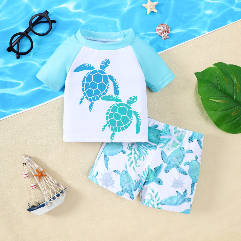 Комплект за плуване за момчета с принт на костенурка, топ с raglan ръкави и шорти (DBOW, 3-7 г, полиестерна смес)