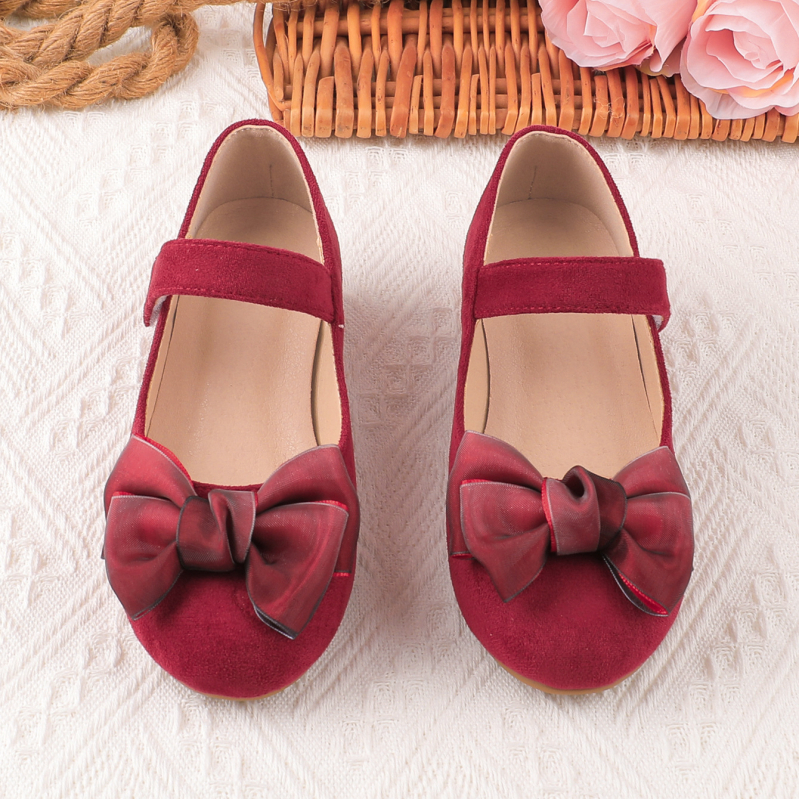 Mergaitėms princesės stiliaus zomšinės balerinos su didele kaspine, kvėpuojanti viršutinė dalis, TPR padas, 4–16 metų