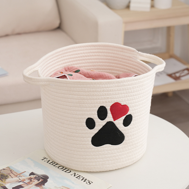 Koš za rublje s izvezenim motivom pseće šape, pleteni od pamuka užeta, japanski stil, model Dog Claw cotton basket-02, za odjeću i dječje igračke