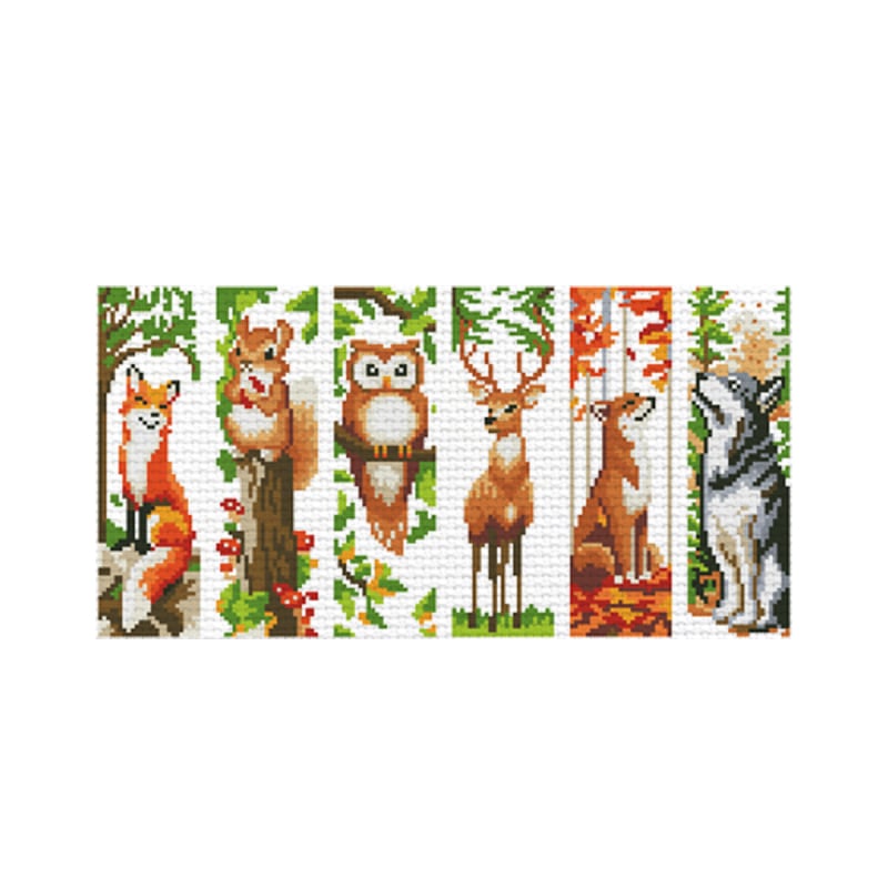 Krusta šūšanas komplekts: Karikatūru dzīvnieku kolekcija uz kokvilnas auduma 11CT, mūsdienīgs minimālisma stils