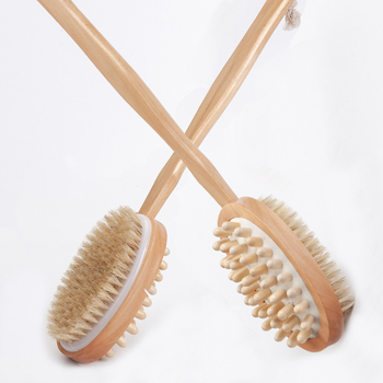 Διπλής όψεως βούρτσα μπάνιου με μακριά λαβή από συμπαγές ξύλο, ελαστικό αερομαξιλαράκι και τρίχες