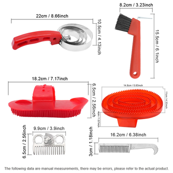 Σετ περιποίησης αλόγων από ABS υλικό — περιλαμβάνει Hoof hook, βούρτσα αλόγου, χτένα κεφαλής αλόγου, χτένα περιποίησης και μαγική βούρτσα πλυσίματος; κουτί 200 τεμάχια; προσαρμόσιμο.