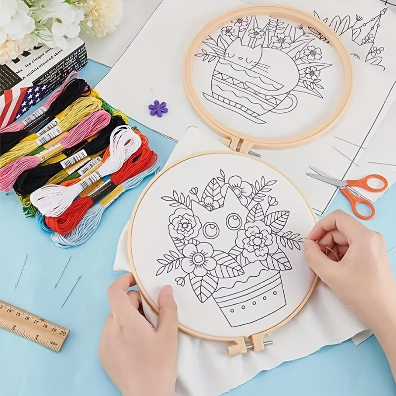 Krustdūrienu komplekts iesācējiem – ziemeļu stilā ziedu, zāles un lapu raksts uz kokvilnas auduma, 3D Eiropas izšūšana