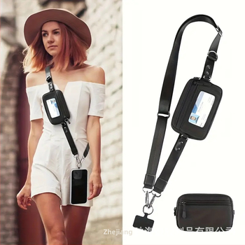 Телефонен шнур с джоб с цип и прозорец за ID, кръстосана презрамка (Полиестер, Метална катарама, Печат на лого, Персонализирана обработка)