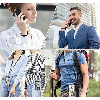 Ланярд за мобилен телефон с триедин дизайн за носене през рамо, през шията или през ръката; регулируем и отделяем; PU материал; метален катарам