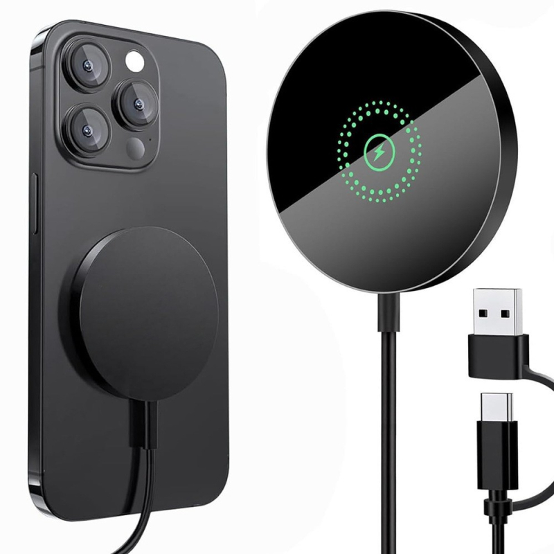 MagSafe 15W Μαγνητικός Ασύρματος Φορτιστής με Καλώδιο — Πολύ λεπτός, Διπλής Θύρας A+C, Γρήγορη Φόρτιση