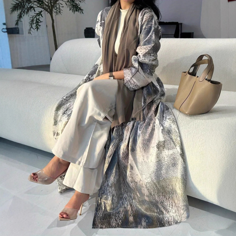 Ispisani Abaya s otvorenim prednjim dijelom, duga haljina s dugim rukavima, elastičan materijal (spandeks)