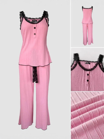 Σετ δύο τεμαχίων γυναικείου παντελόνι: Τοπ Camisole με U-λαιμό και δαντελένιες τιράντες, χωρίς μανίκια, μακριά παντελόνια, πολυεστέρας, μη τσαλακώνεται, φθινόπωρο 2025