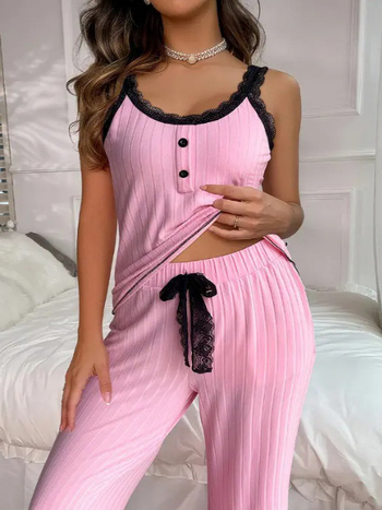 Σετ δύο τεμαχίων γυναικείου παντελόνι: Τοπ Camisole με U-λαιμό και δαντελένιες τιράντες, χωρίς μανίκια, μακριά παντελόνια, πολυεστέρας, μη τσαλακώνεται, φθινόπωρο 2025