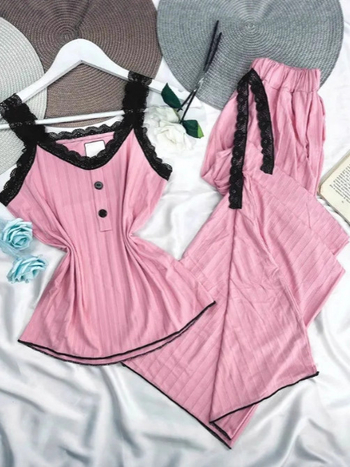 Σετ δύο τεμαχίων γυναικείου παντελόνι: Τοπ Camisole με U-λαιμό και δαντελένιες τιράντες, χωρίς μανίκια, μακριά παντελόνια, πολυεστέρας, μη τσαλακώνεται, φθινόπωρο 2025