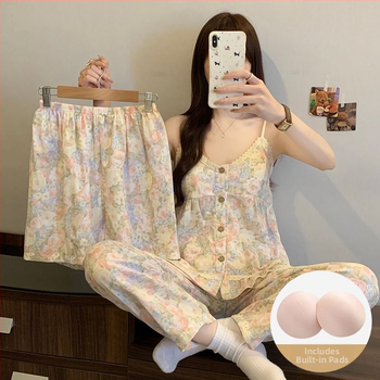 Τριών τεμαχίων σετ καλοκαιρινής πυτζάμας Cloud Cotton με επένδυση στήθους, τοπ χωρίς μανίκια, σορτς και μακριά παντελόνια