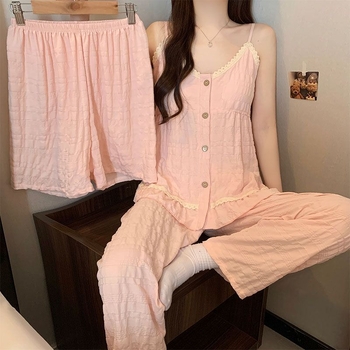 Τριών τεμαχίων σετ καλοκαιρινής πυτζάμας Cloud Cotton με επένδυση στήθους, τοπ χωρίς μανίκια, σορτς και μακριά παντελόνια