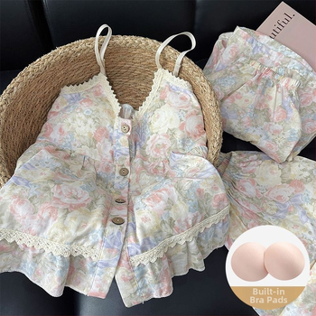 Τριών τεμαχίων σετ καλοκαιρινής πυτζάμας Cloud Cotton με επένδυση στήθους, τοπ χωρίς μανίκια, σορτς και μακριά παντελόνια