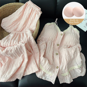 Τριών τεμαχίων σετ καλοκαιρινής πυτζάμας Cloud Cotton με επένδυση στήθους, τοπ χωρίς μανίκια, σορτς και μακριά παντελόνια