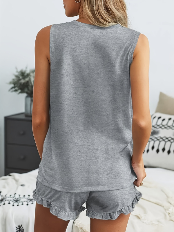 Set de două piese tricotat, casual: top fără mâneci cu guler rotund și pantaloni capri, șnur