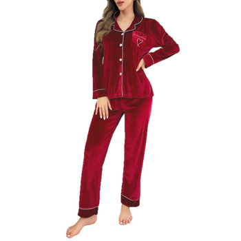 Γυναικείο βελούδινο σετ οικιακής ένδυσης με cardigan, μακριά μανίκια και παντελόνια, 100% πολυεστέρας, παχύ βελούδο, κέντημα καρδιάς
