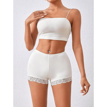 Σορτς με δαντελένιο τελείωμα, χαλαρή γραμμή, μήκος 9/10, βαμβάκι φυσικού χρώματος CVC, ελαφριά ελαστικότητα