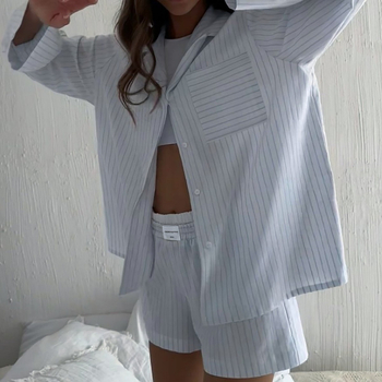 Σετ πιτζάμες: μακρυμάνικη μπλούζα και κοντές παντελόνες, πολυεστέρας, λεπτό ύφασμα, 121–140 g/m², βασικό/φρέσκο στυλ (πολυεστέρας; λεπτό ύφασμα; 121–140 g/m²; μακρυμάνικος; κοντές παντελόνες)