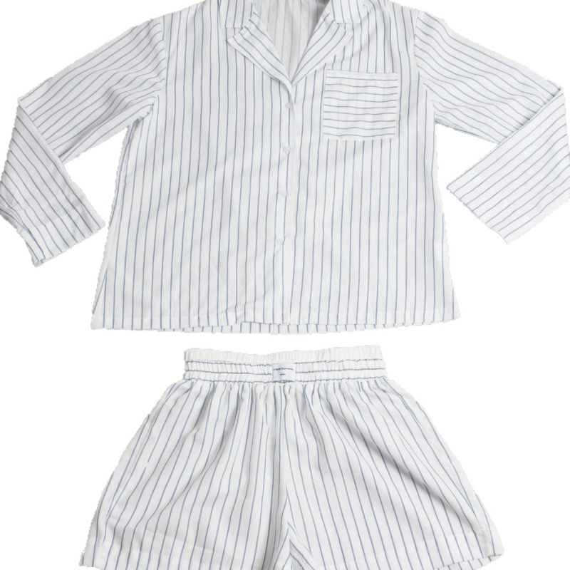 Комплект пижами: дълъг ръкав топ и къси панталони, полиестер, тънък плат, тегло 121–140 g/m², базов/свеж стил