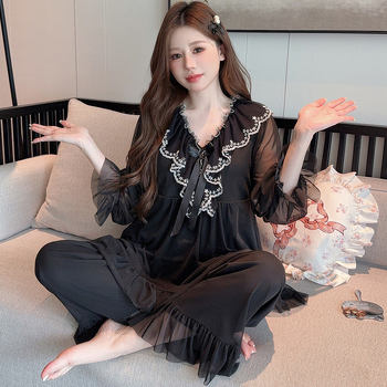 Γυναικείο σετ πυτζάμας από δίχτυ, στυλ νεράιδας-πριγκίπισσας με δαντελωτές άκρες, στρογγυλό γιακά, χαλαρή γραμμή