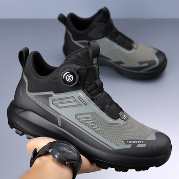 Ανδρικά ψηλά ορειβατικά παπούτσια με άνω μέρος από δίχτυ και εκτύπωση καουτσούκ, σόλα πολυουρεθάνης, κλείσιμο με περιστρεφόμενη αγκράφα