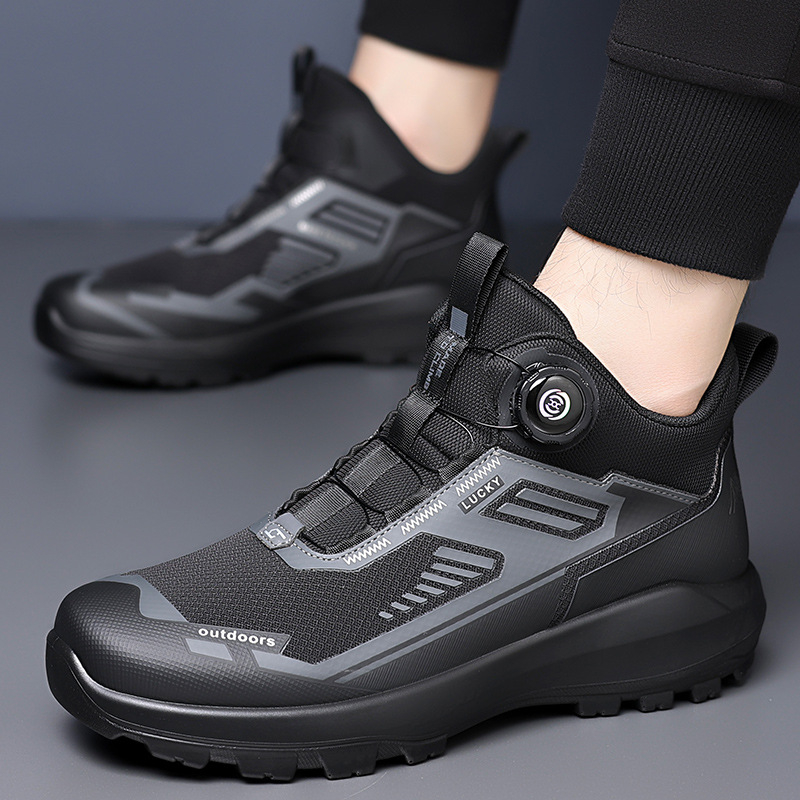 Ανδρικά ψηλά ορειβατικά παπούτσια με άνω μέρος από δίχτυ και εκτύπωση καουτσούκ, σόλα πολυουρεθάνης, κλείσιμο με περιστρεφόμενη αγκράφα