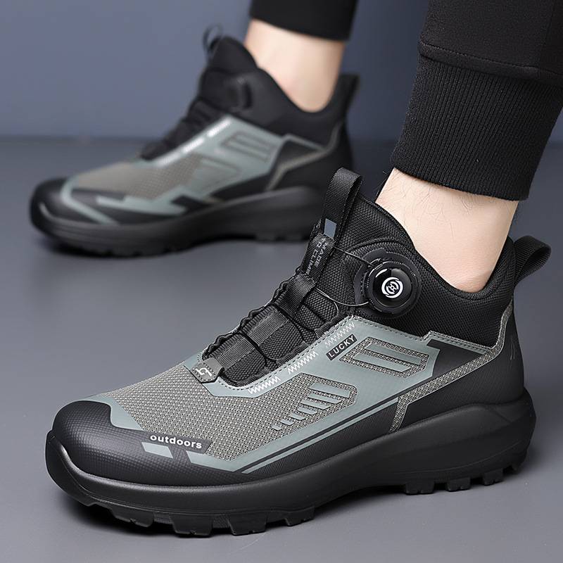 Ανδρικά ψηλά ορειβατικά παπούτσια με άνω μέρος από δίχτυ και εκτύπωση καουτσούκ, σόλα πολυουρεθάνης, κλείσιμο με περιστρεφόμενη αγκράφα