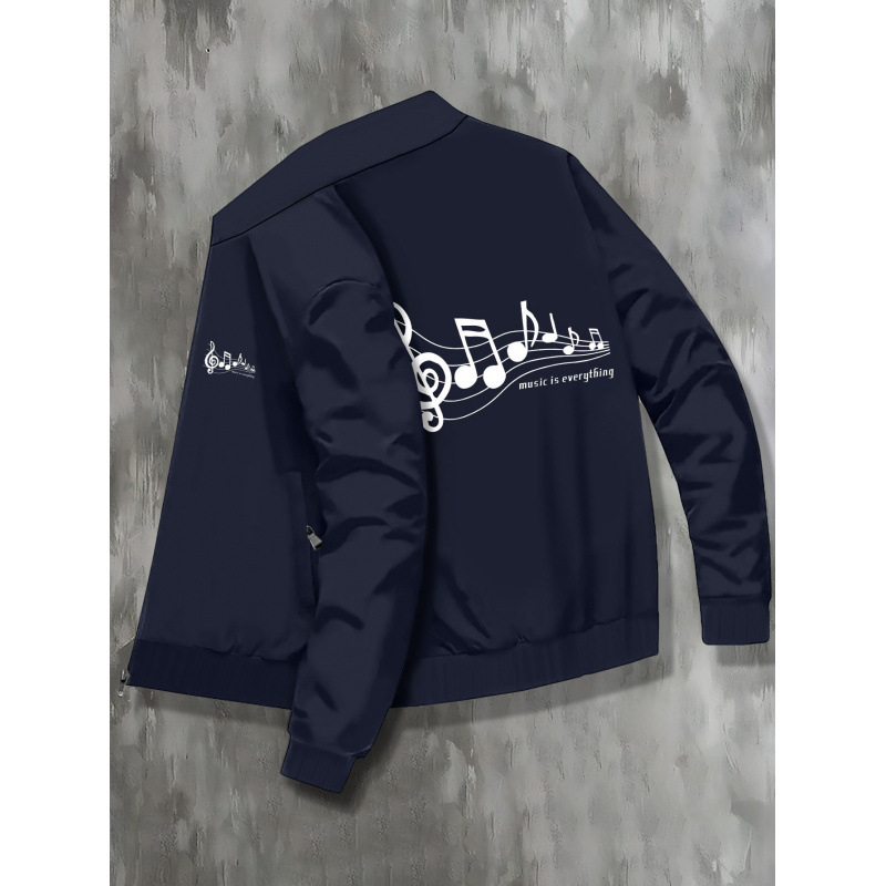 Vīriešu jaka Notes Print, koledžas stilā, Slim Fit, rāvējslēdzējs, bieza auduma, neliela elastība