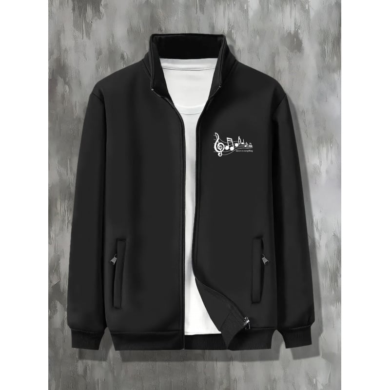 Vīriešu jaka Notes Print, koledžas stilā, Slim Fit, rāvējslēdzējs, bieza auduma, neliela elastība