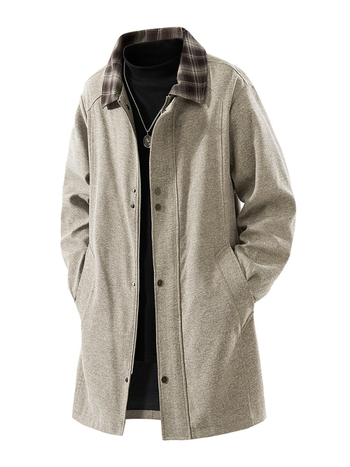 Ανδρικό μπουφάν μεσαίου μήκους, καρό patchwork, γιακά που γέρνει προς τα κάτω, φερμουάρ εμπρός, πλαϊνές τσέπες