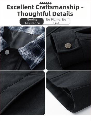 Ανδρικό μπουφάν μεσαίου μήκους, καρό patchwork, γιακά που γέρνει προς τα κάτω, φερμουάρ εμπρός, πλαϊνές τσέπες