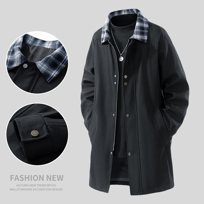 Jachetă de bărbați, lungime medie, patchwork în carouri, guler rabat, fermoar frontal, buzunare laterale